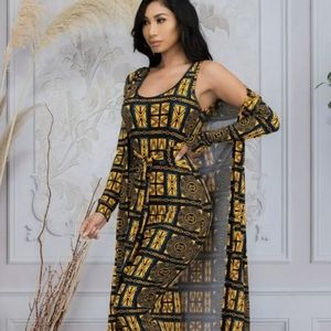 Gold & Black Midi Dress & Duster Cardigan Outfit 2-Piece Set